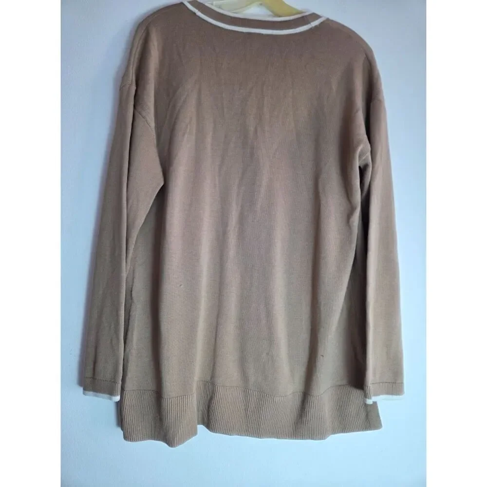 Talbots Dark Beige w/White Trim Cotton Button Front Neutral Cardigan size Large